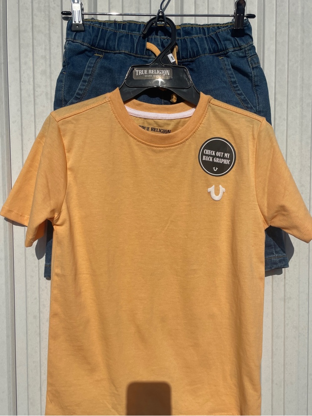 True Religion Mustard Yellow Crewneck Tee and Shorts